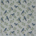 A square fabric cotton handkerchief featuring a repeating pattern of small blue birds perched on delicate green leafy branches over an off-white background.