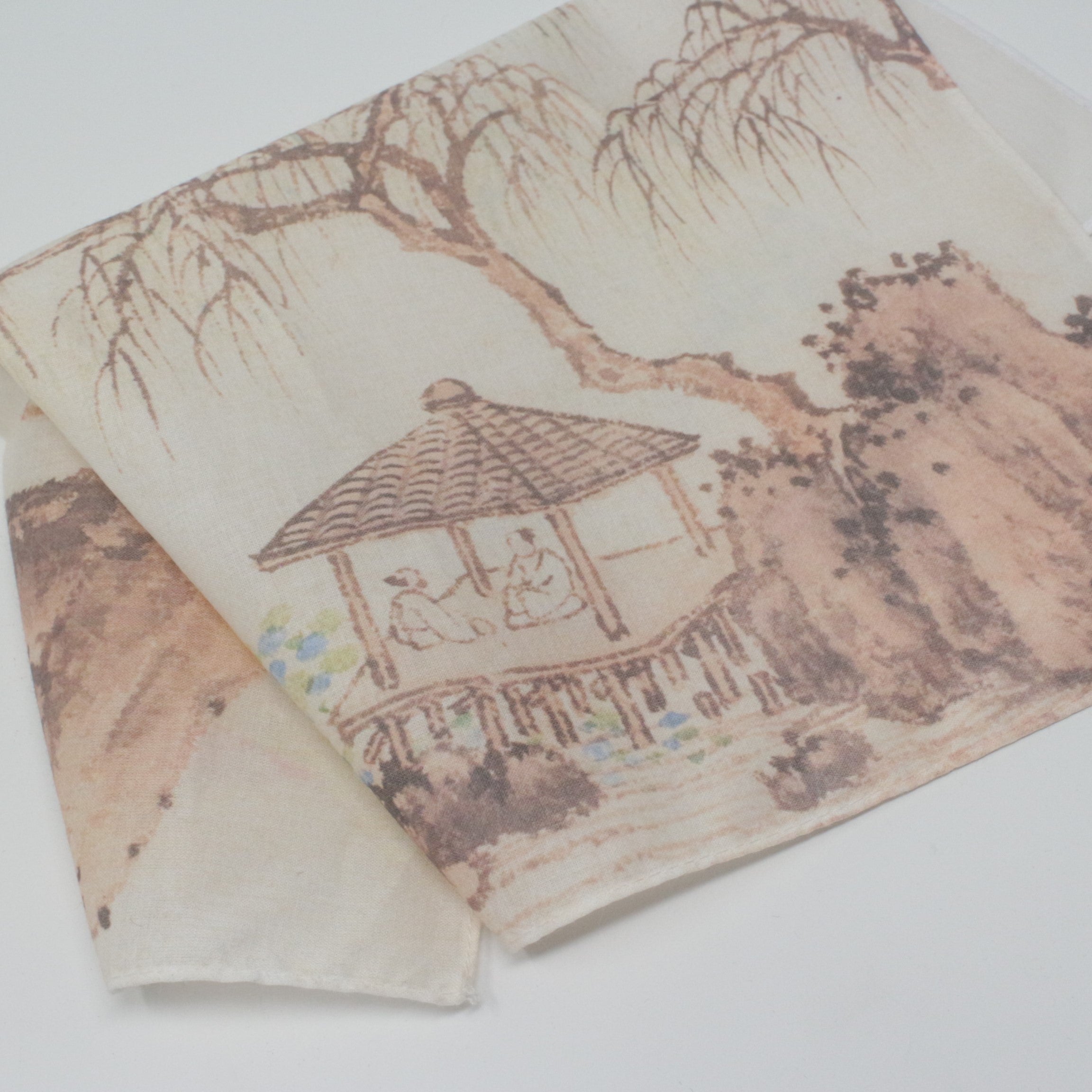 A square fabric cotton handkerchief featuring a traditional Chinese landscape print with a pavilion, trees, and figures, displayed on a white background.