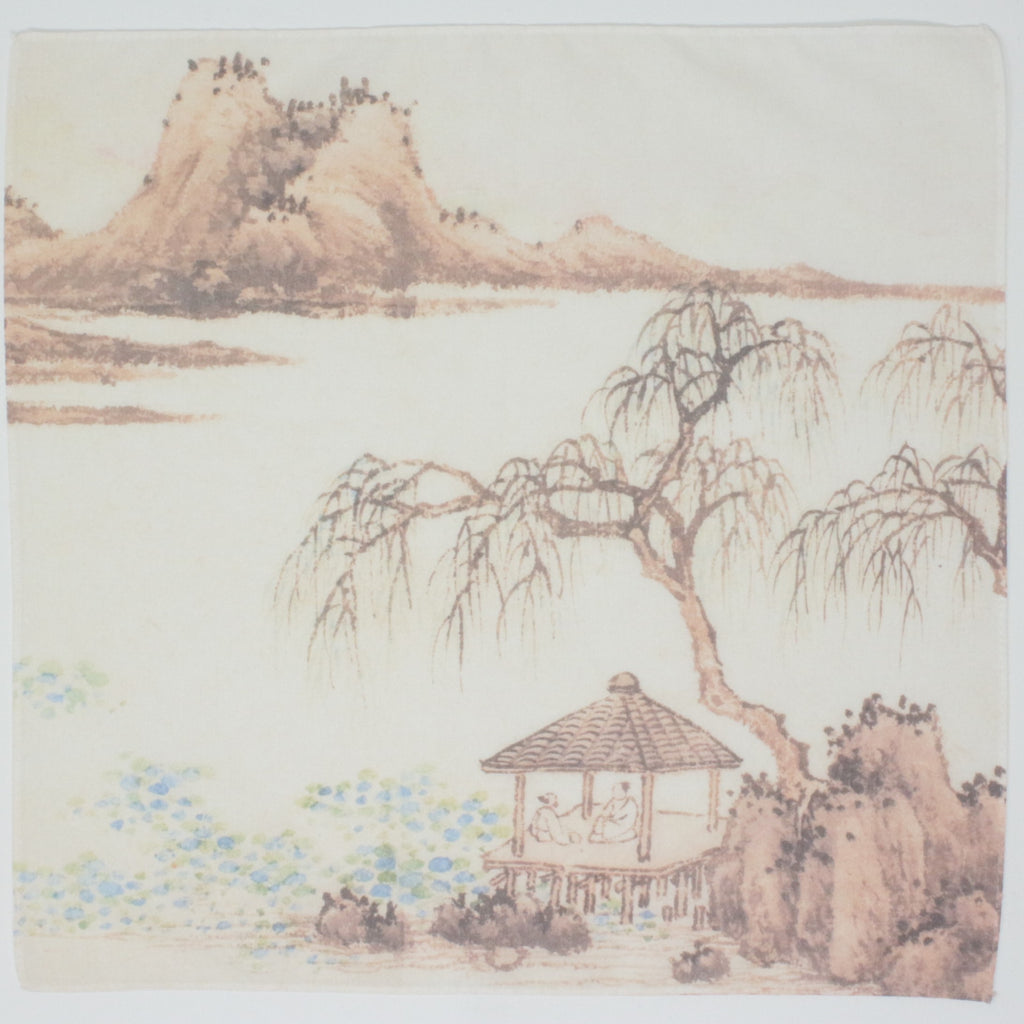 A square fabric scarf or handkerchief featuring a traditional Chinese landscape print with a pavilion, willow tree, mountains, and water on an off-white background.