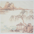 A square fabric scarf or handkerchief featuring a traditional Chinese landscape print with a pavilion, willow tree, mountains, and water on an off-white background.