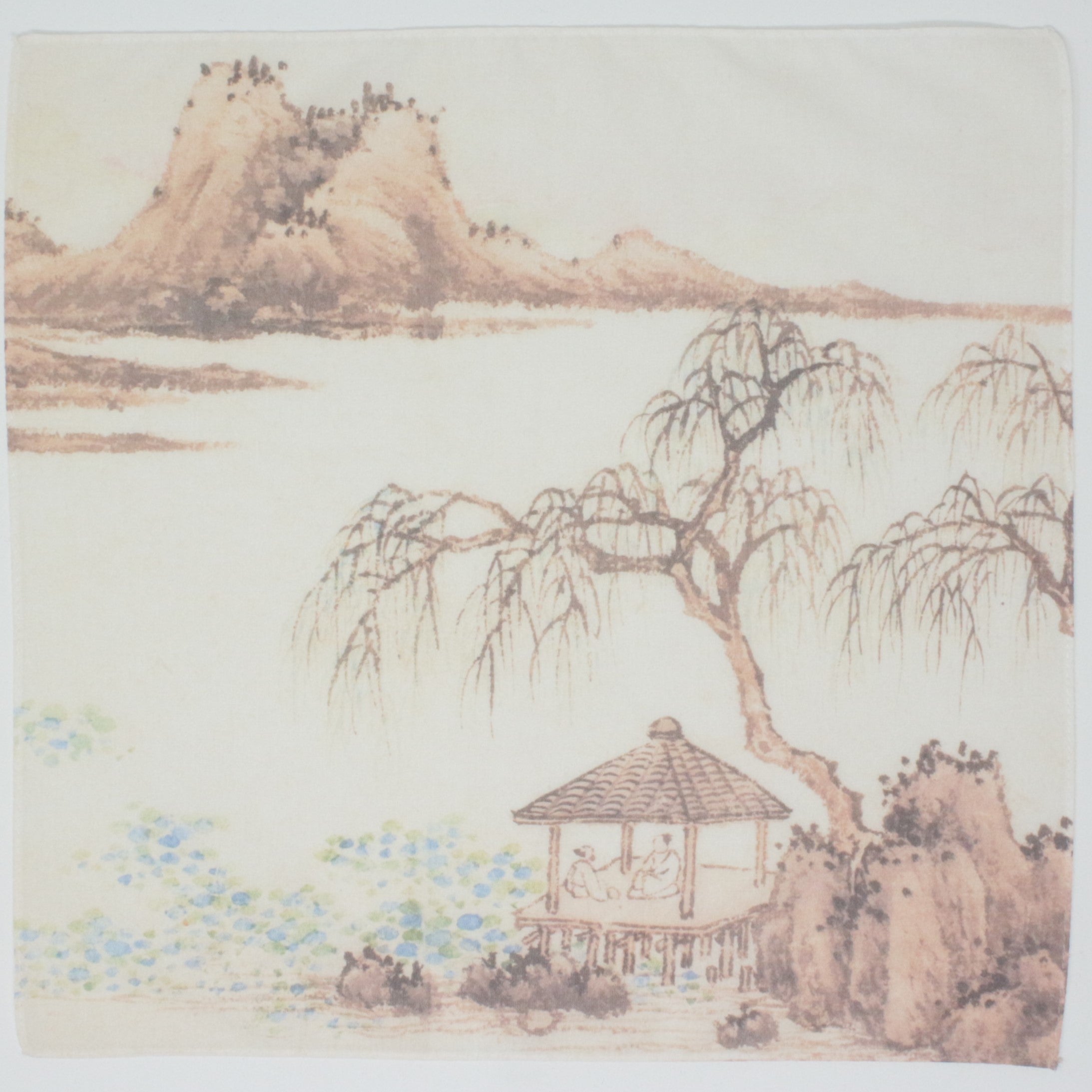 A square fabric scarf or handkerchief featuring a traditional Chinese landscape print with a pavilion, willow tree, mountains, and water on an off-white background.