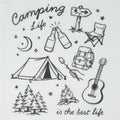 Illustrations of camping elements including a tent, campfire, guitar, and backpack with text 'Camping life is the best life'. Pocket quare cotton handkerchief