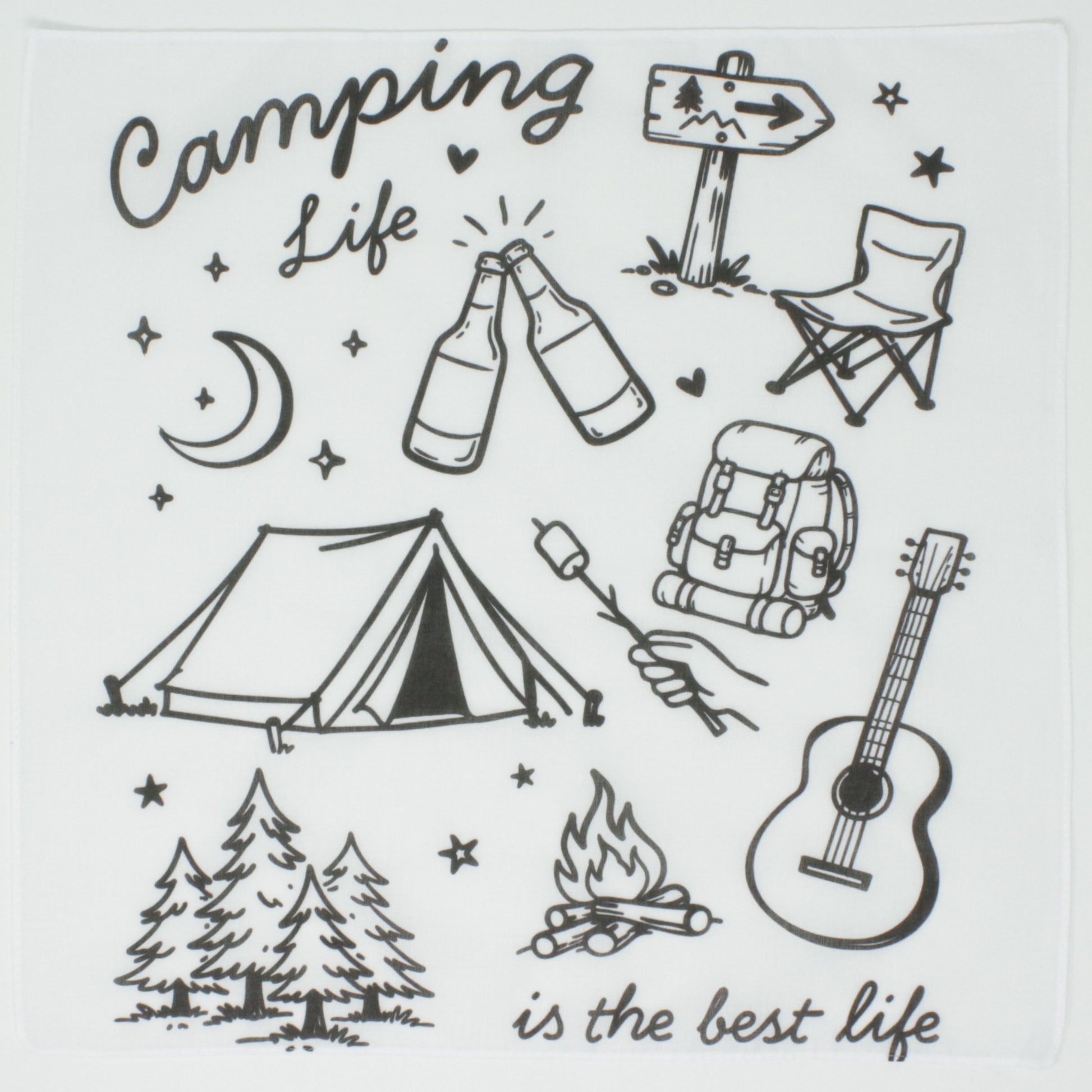 Illustrations of camping elements including a tent, campfire, guitar, and backpack with text 'Camping life is the best life'. Pocket quare cotton handkerchief