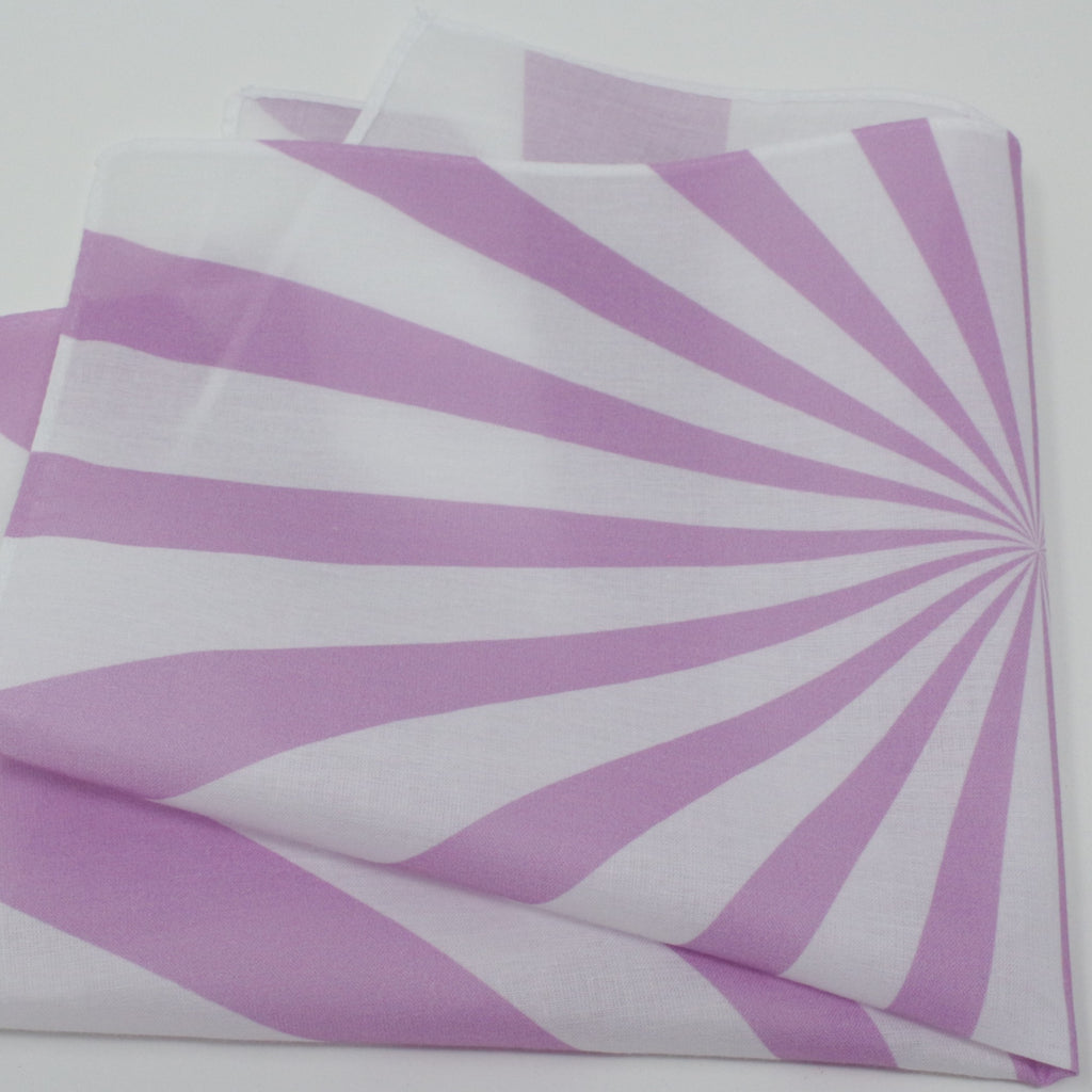 Cotton fabric handkerchief, featuring a lavender-purple sunburst or radial stripe pattern on a white background.