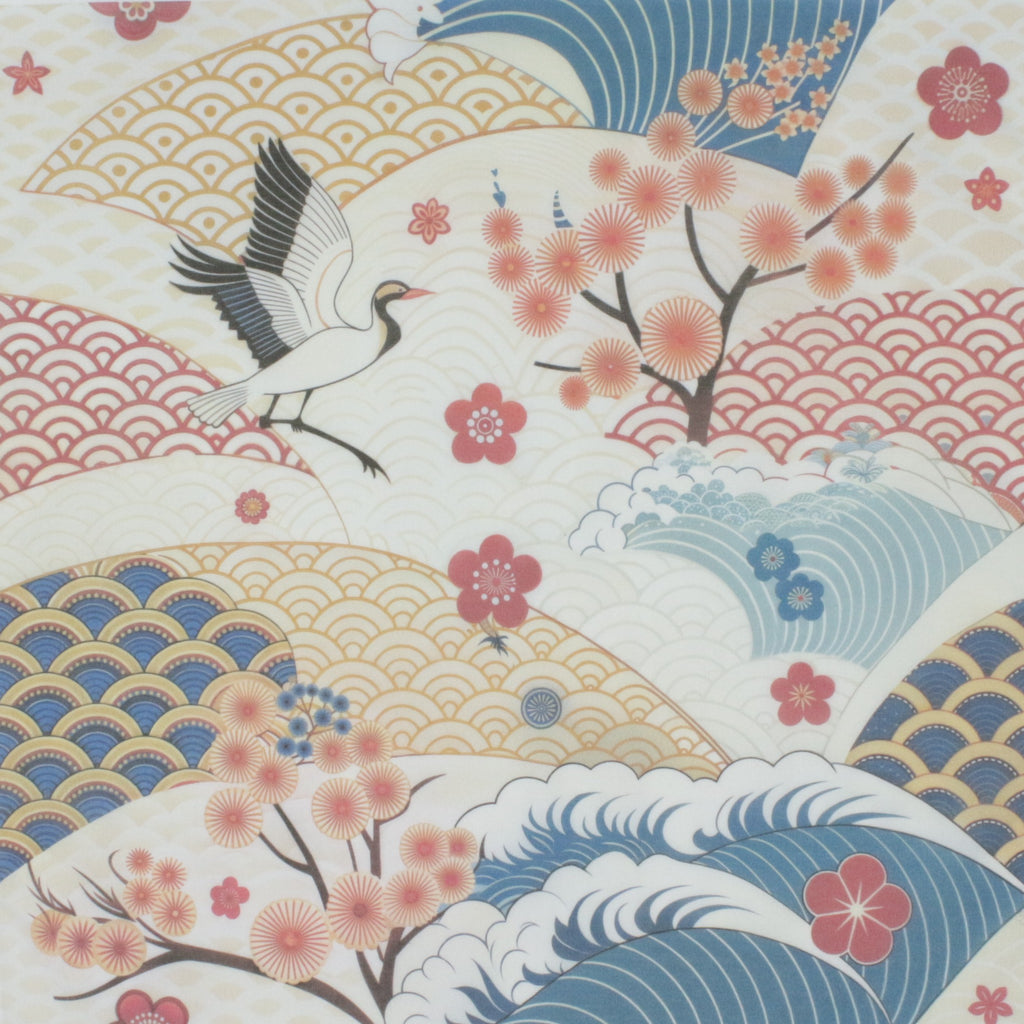 Japanese-style patterned fabric cotton handkerchief featuring a flying white crane, pink cherry blossoms, blue and beige waves, and scalloped wave motifs on a cream background.