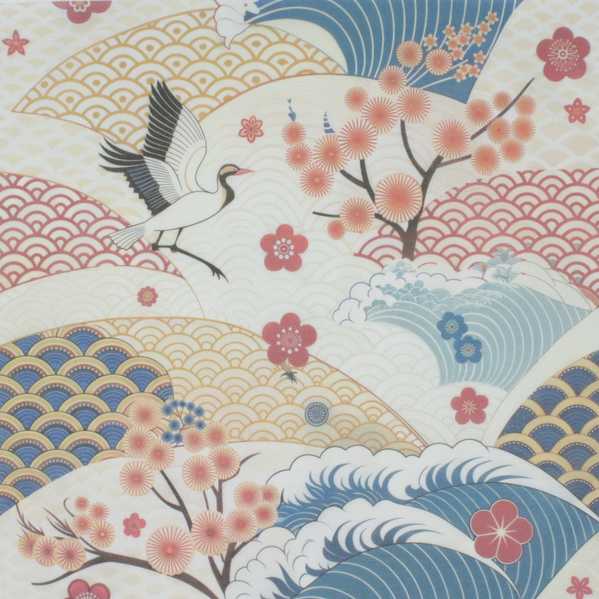 Japanese-style patterned fabric cotton handkerchief featuring a flying white crane, pink cherry blossoms, blue and beige waves, and scalloped wave motifs on a cream background.