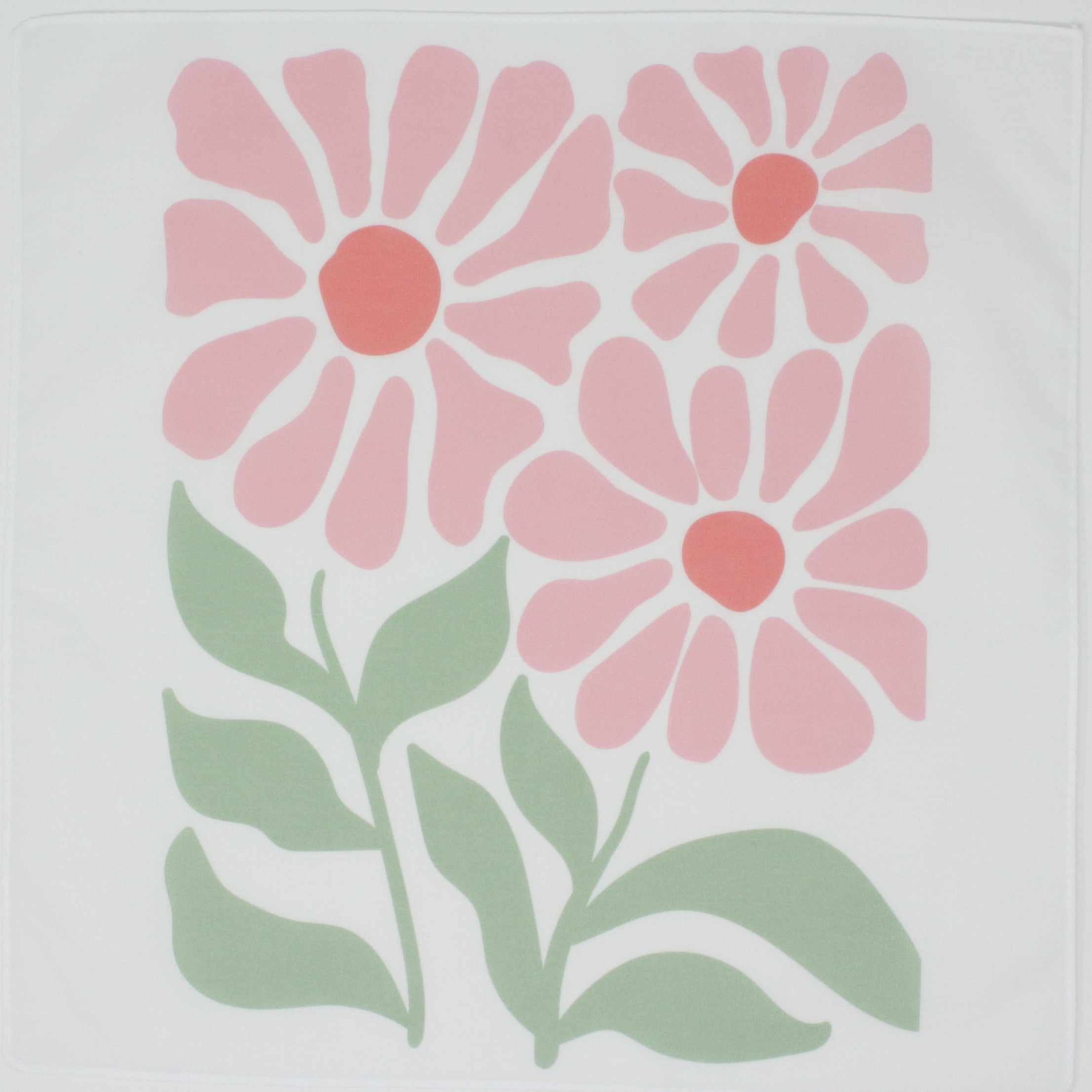 A square white handkerchief, featuring a retro mid-century modern floral pattern with pink daisy-like flowers and light green leaves.