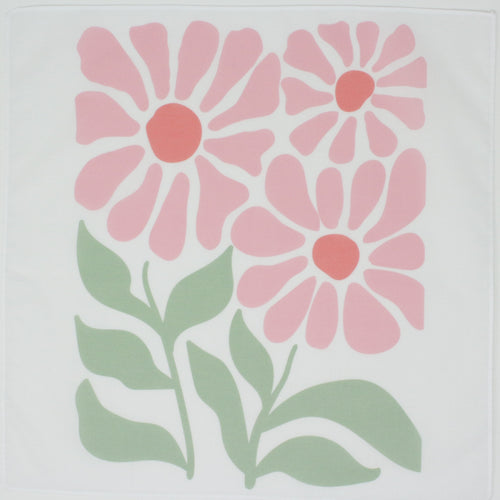 A square white handkerchief, featuring a retro mid-century modern floral pattern with pink daisy-like flowers and light green leaves.