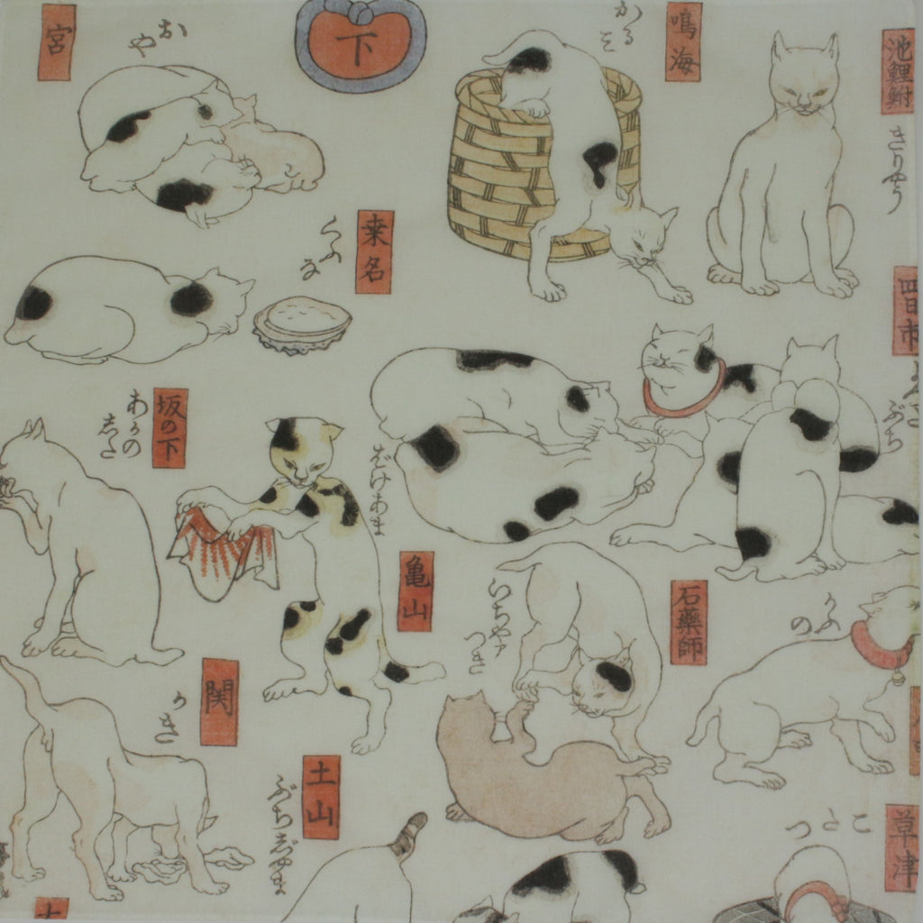 A repeating Japanese-style print featuring multiple cats in black, white, and tan ink sketches, with small red rectangular labels containing Japanese text on a light cream background. Cotton handkerchief