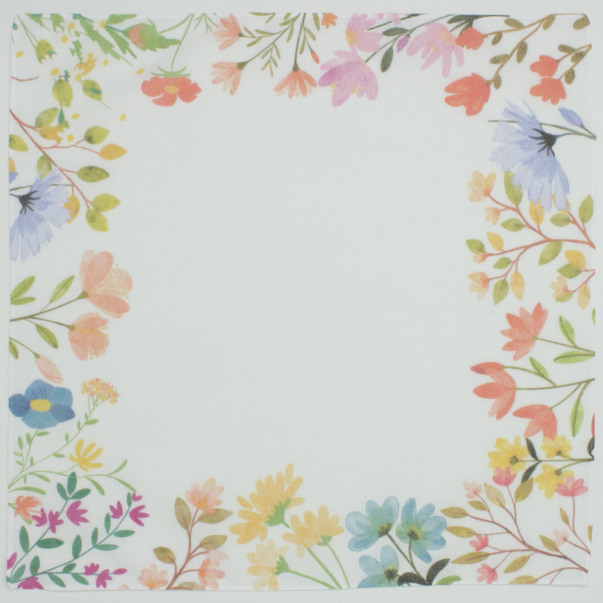 A square white Meadow Flowers Border featuring a delicate watercolor floral border with pink, blue, yellow, and orange flowers around the edges.