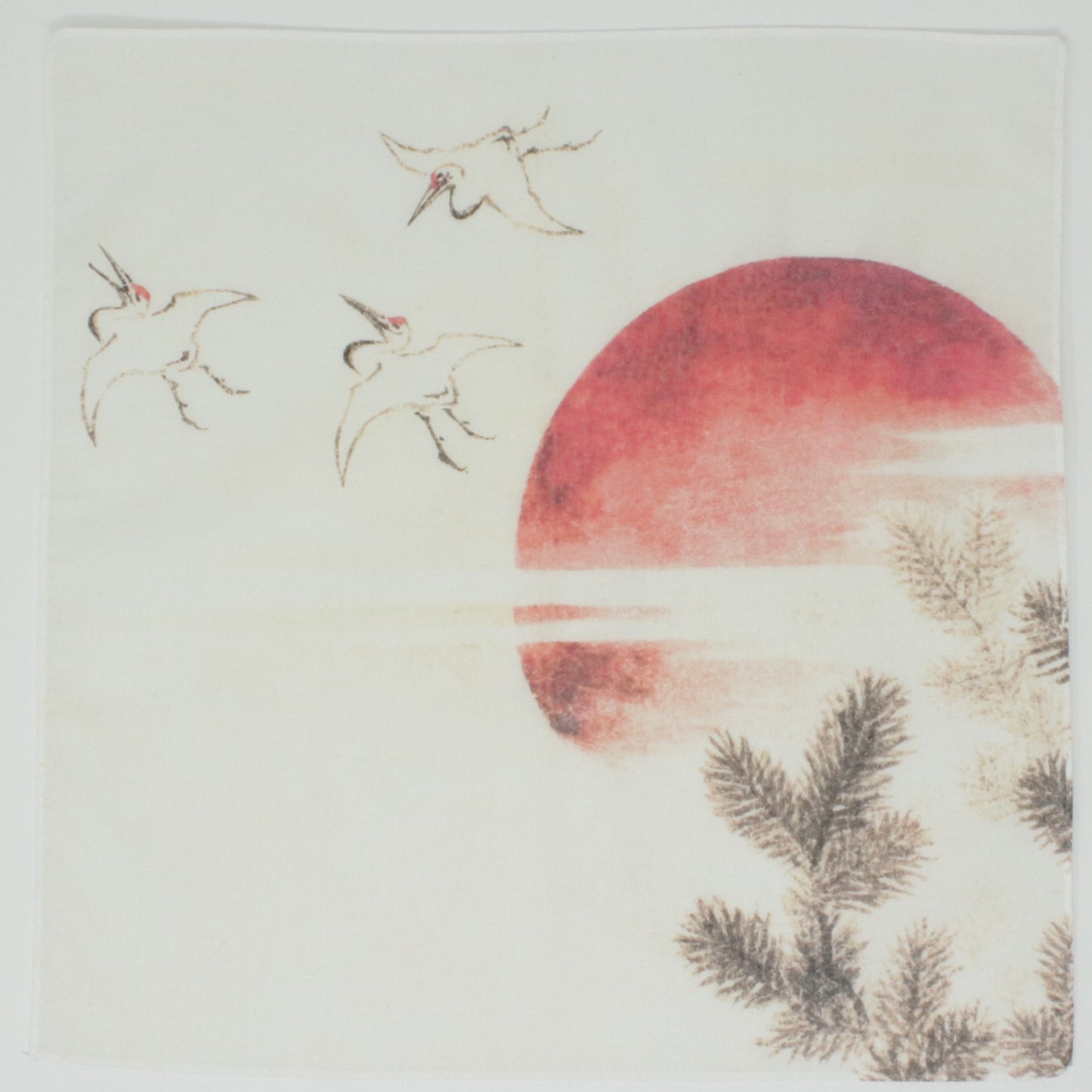 Traditional Japanese artwork with cranes and a red sun on a white background cotton handkerchief pocket square
