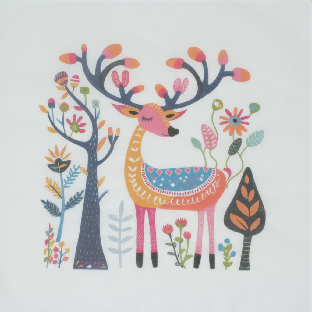 Cotton handkerchief. A whimsical folk-art style illustration of a deer surrounded by stylized trees and flowers, rendered in bright pink, orange, blue, yellow, and dark navy tones on a plain white background.