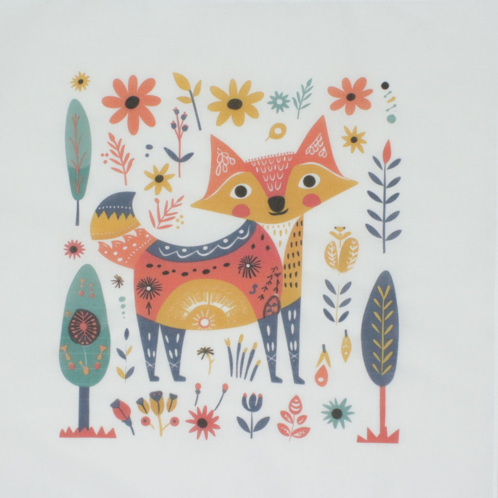 Cotton handkerchief. A colorful folk-art style illustration of a fox surrounded by flowers, leaves, and trees on a white background.