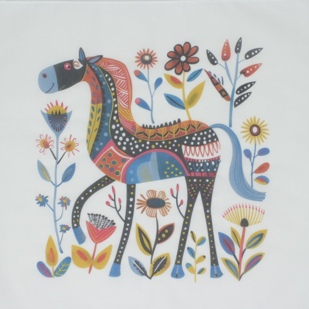 Cotton handkerchiefs. A colorful folk-art style illustration of a horse surrounded by flowers and leaves on a plain white background.