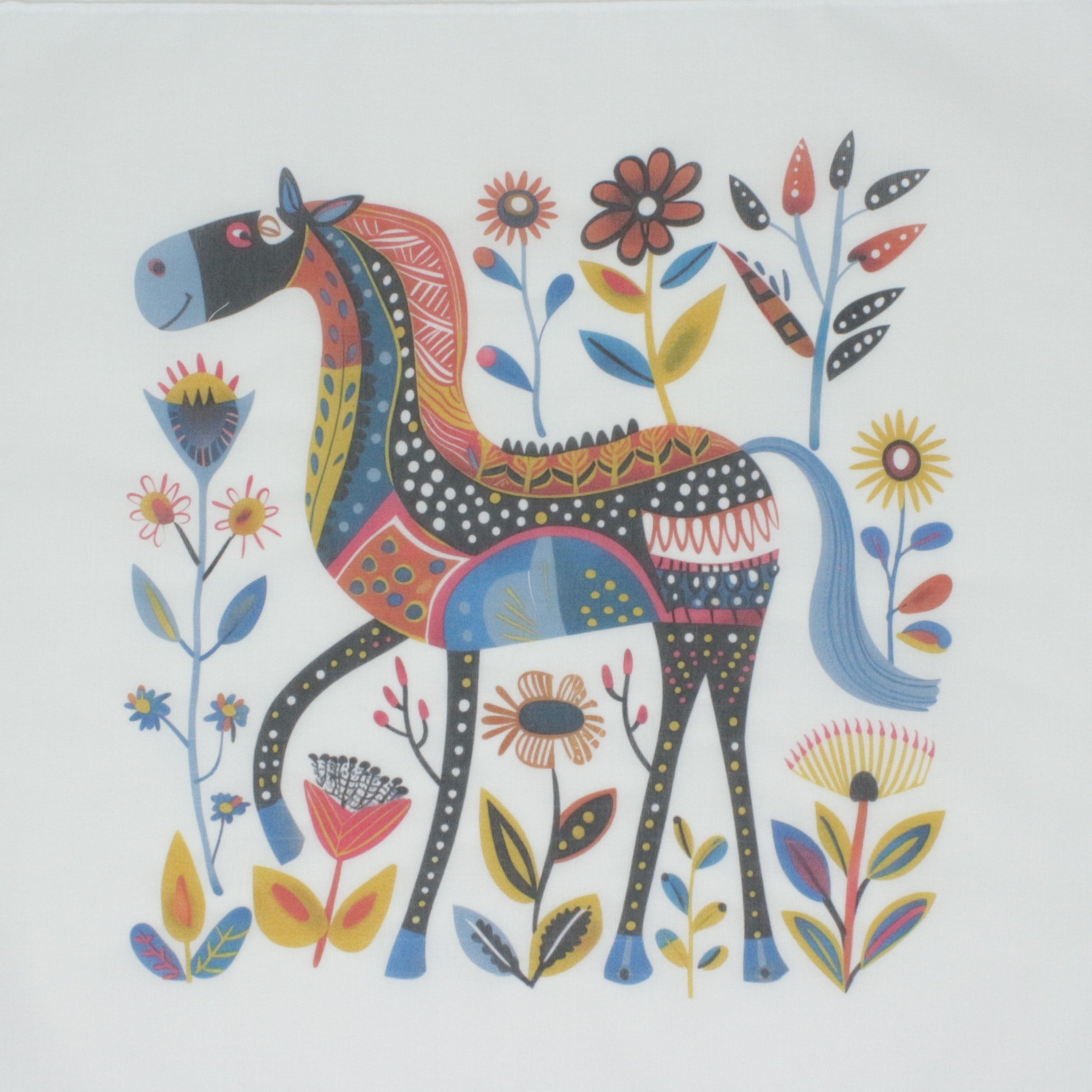 Cotton handkerchiefs. A colorful folk-art style illustration of a horse surrounded by flowers and leaves on a plain white background.
